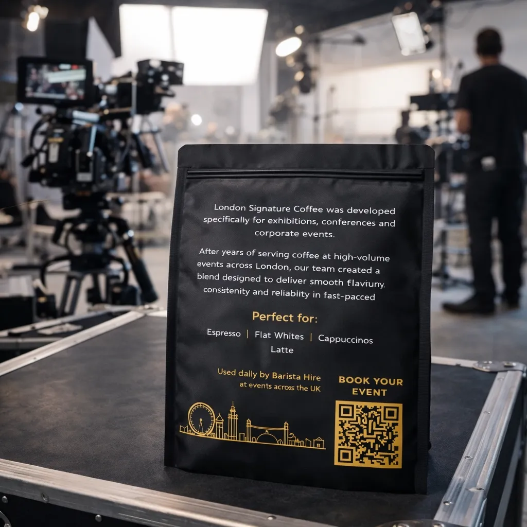 Fresh roasted coffee beans in branded bag in a film setup